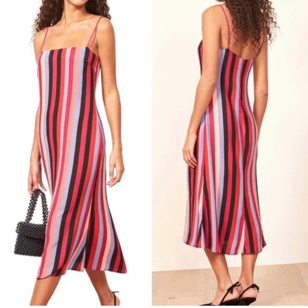 Reformation Multicolor Stripe Midi Dress — Red, Pink, Purple, Black